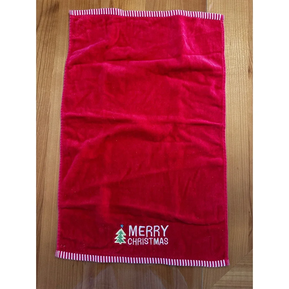 Merry Christmas Red Cotton Hand Towel‎ Embroidered Tree Striped Trim RN 17730